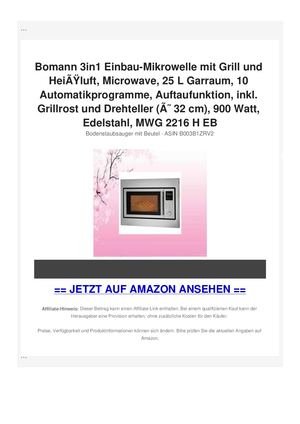 Bomann 3in1 Einbau-Mikrowelle mit Grill und HeiÃƒÂŸluft, Microwave, 25 L Garraum, 10 Automatikprogramme, Auftaufunktion, inkl. Grillrost und Drehteller (ÃƒÂ˜ 32 cm), 900 Watt, Edelstahl, MWG 2216 H EB