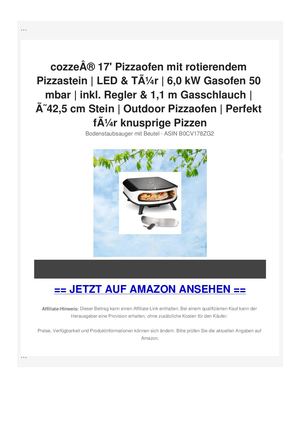 cozzeÃ‚Â® 17' Pizzaofen mit rotierendem Pizzastein | LED & TÃƒÂ¼r | 6,0 kW Gasofen 50 mbar | inkl. Regler & 1,1 m Gasschlauch | ÃƒÂ˜42,5 cm Stein | Outdoor Pizzaofen | Perfekt fÃƒÂ¼r knusprige Pizzen