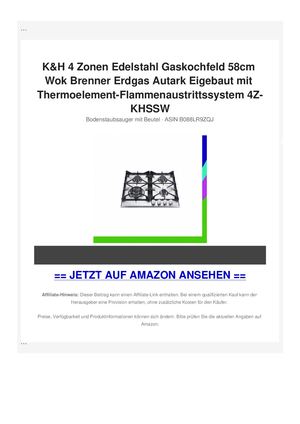 K&H 4 Zonen Edelstahl Gaskochfeld 58cm Wok Brenner Erdgas Autark Eigebaut mit Thermoelement-Flammenaustrittssystem 4Z-KHSSW