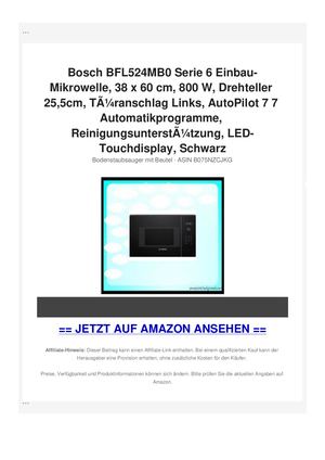Bosch BFL524MB0 Serie 6 Einbau-Mikrowelle, 38 x 60 cm, 800 W, Drehteller 25,5cm, TÃƒÂ¼ranschlag Links, AutoPilot 7 7 Automatikprogramme, ReinigungsunterstÃƒÂ¼tzung, LED-Touchdisplay, Schwarz