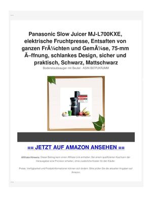 Panasonic Slow Juicer MJ-L700KXE, elektrische Fruchtpresse, Entsaften von ganzen FrÃƒÂ¼chten und GemÃƒÂ¼se, 75-mm ÃƒÂ–ffnung, schlankes Design, sicher und praktisch, Schwarz, Mattschwarz
