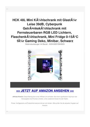 HCK 48L Mini KÃƒÂ¼hlschrank mit GlastÃƒÂ¼r Leise 39dB, Cyberpunk GetrÃƒÂ¤nkekÃƒÂ¼hlschrank mit Fernsteuerbaren RGB LED Lichtern, FlaschenkÃƒÂ¼hlschrank, Mini Fridge 0-15Ã‚Â°C fÃƒÂ¼r Gaming Deko, Minibar, Schwarz