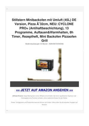 Stillstern Minibackofen mit Umluft (45L) DE Version, Pizza ÃƒÂ˜32cm, NEU: CYCLONE PRO+ (Antihaftbeschichtung), 13 Programme, Auftauen&Warmhalten, 8h Timer, Rezeptheft, Mini Backofen Pizzaofen Grill