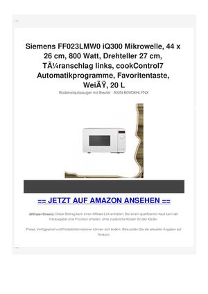 Siemens FF023LMW0 iQ300 Mikrowelle, 44 x 26 cm, 800 Watt, Drehteller 27 cm, TÃƒÂ¼ranschlag links, cookControl7 Automatikprogramme, Favoritentaste, WeiÃƒÂŸ, 20 L