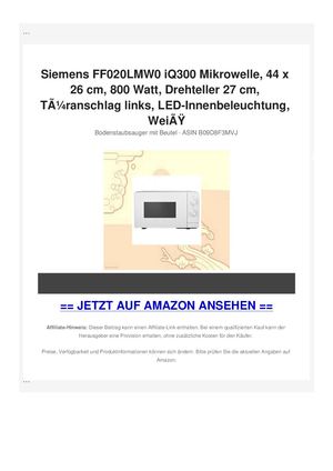 Siemens FF020LMW0 iQ300 Mikrowelle, 44 x 26 cm, 800 Watt, Drehteller 27 cm, TÃƒÂ¼ranschlag links, LED-Innenbeleuchtung, WeiÃƒÂŸ
