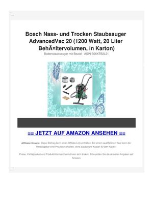 Bosch Nass- und Trocken Staubsauger AdvancedVac 20 (1200 Watt, 20 Liter BehÃƒÂ¤ltervolumen, in Karton)