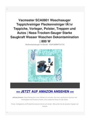 Vacmaster SCA0801 Waschsauger Teppichreiniger Fleckenreiniger fÃƒÂ¼r Teppiche, Vorleger, Polster, Treppen und Autos | Nass-Trocken-Sauger Starke Saugkraft Wasser Waschen Dekontamination | 800 W