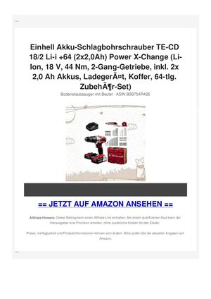 Einhell Akku-Schlagbohrschrauber TE-CD 18/2 Li-i +64 (2x2,0Ah) Power X-Change (Li-Ion, 18 V, 44 Nm, 2-Gang-Getriebe, inkl. 2x 2,0 Ah Akkus, LadegerÃƒÂ¤t, Koffer, 64-tlg. ZubehÃƒÂ¶r-Set)