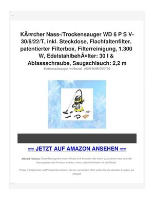 KÃƒÂ¤rcher Nass-/Trockensauger WD 6 P S V-30/6/22/T, inkl. Steckdose, Flachfaltenfilter, patentierter Filterbox, Filterreinigung, 1.300 W, EdelstahlbehÃƒÂ¤lter: 30 l & Ablassschraube, Saugschlauch: 2,2 m