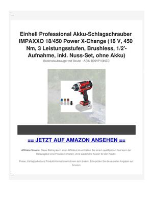 Einhell Professional Akku-Schlagschrauber IMPAXXO 18/450 Power X-Change (18 V, 450 Nm, 3 Leistungsstufen, Brushless, 1/2'-Aufnahme, inkl. Nuss-Set, ohne Akku)