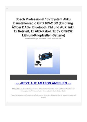 Bosch Professional 18V System Akku Baustellenradio GPB 18V-2 SC (Empfang ÃƒÂ¼ber DAB+, Bluetooth, FM und AUX, inkl. 1x Netzteil, 1x AUX-Kabel, 1x 3V CR2032 Lithium-Knopfzellen-Batterie)