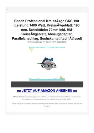 Bosch Professional KreissÃƒÂ¤ge GKS 190 (Leistung 1400 Watt, KreissÃƒÂ¤geblatt: 190 mm, Schnitttiefe: 70mm inkl. HM-KreissÃƒÂ¤geblatt, Absaugadapter, Parallelanschlag, SechskantstiftschlÃƒÂ¼ssel)