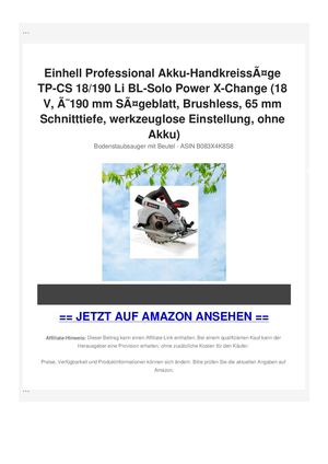 Einhell Professional Akku-HandkreissÃƒÂ¤ge TP-CS 18/190 Li BL-Solo Power X-Change (18 V, ÃƒÂ˜190 mm SÃƒÂ¤geblatt, Brushless, 65 mm Schnitttiefe, werkzeuglose Einstellung, ohne Akku)