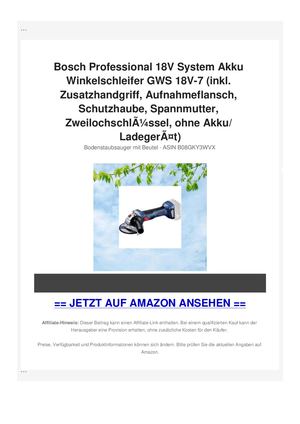 Bosch Professional 18V System Akku Winkelschleifer GWS 18V-7 (inkl. Zusatzhandgriff, Aufnahmeflansch, Schutzhaube, Spannmutter, ZweilochschlÃƒÂ¼ssel, ohne Akku/ LadegerÃƒÂ¤t)