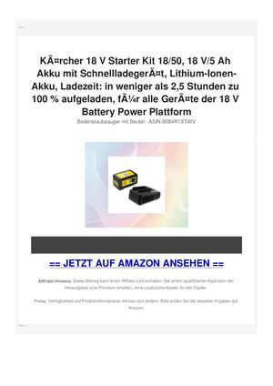 KÃƒÂ¤rcher 18 V Starter Kit 18/50, 18 V/5 Ah Akku mit SchnellladegerÃƒÂ¤t, Lithium-Ionen-Akku, Ladezeit: in weniger als 2,5 Stunden zu 100 % aufgeladen, fÃƒÂ¼r alle GerÃƒÂ¤te der 18 V Battery Power Plattform