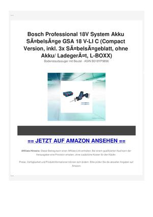 Bosch Professional 18V System Akku SÃƒÂ¤belsÃƒÂ¤ge GSA 18 V-LI C (Compact Version, inkl. 3x SÃƒÂ¤belsÃƒÂ¤geblatt, ohne Akku/ LadegerÃƒÂ¤t, L-BOXX)