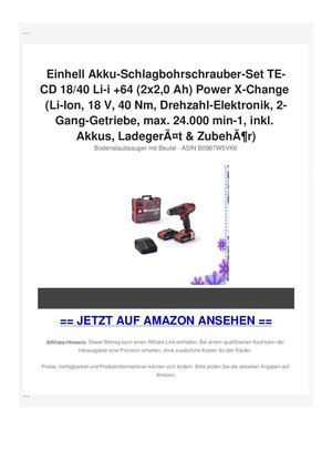 Einhell Akku-Schlagbohrschrauber-Set TE-CD 18/40 Li-i +64 (2x2,0 Ah) Power X-Change (Li-Ion, 18 V, 40 Nm, Drehzahl-Elektronik, 2-Gang-Getriebe, max. 24.000 min-1, inkl. Akkus, LadegerÃƒÂ¤t & ZubehÃƒÂ¶r)