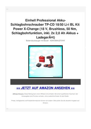 Einhell Professional Akku-Schlagbohrschrauber TP-CD 18/50 Li-i BL Kit Power X-Change (18 V, Brushless, 50 Nm, Schlagbohrfunktion, inkl. 2x 2,0 Ah Akkus + LadegerÃƒÂ¤t)