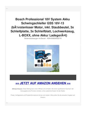 Bosch Professional 18V System Akku Schwingschleifer GSS 18V-13 (bÃƒÂ¼rstenloser Motor, inkl. Staubbeutel, 3x Schleifplatte, 3x Schleifblatt, Lochwerkzeug, L-BOXX, ohne Akku/ LadegerÃƒÂ¤t)