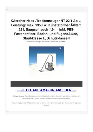 KÃƒÂ¤rcher Nass-/Trockensauger NT 22/1 Ap L, Leistung: max. 1350 W, KunststoffbehÃƒÂ¤lter: 22 l, Saugschlauch 1.9 m, inkl. PES-Patronenfilter, Boden- und FugendÃƒÂ¼se, Staubklasse L, Schutzklasse II