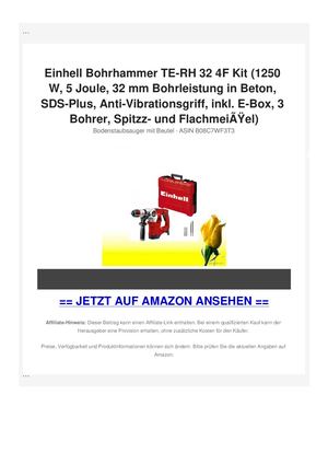 Einhell Bohrhammer TE-RH 32 4F Kit (1250 W, 5 Joule, 32 mm Bohrleistung in Beton, SDS-Plus, Anti-Vibrationsgriff, inkl. E-Box, 3 Bohrer, Spitzz- und FlachmeiÃƒÂŸel)