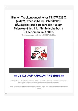 Einhell Trockenbauschleifer TE-DW 225 X (750 W, wechselbarer Schleifteller, BÃƒÂ¼rstenkranz gefedert, bis 165 cm Teleskop-Stiel, inkl. Schleifscheiben + Gitterleinen im Koffer)
