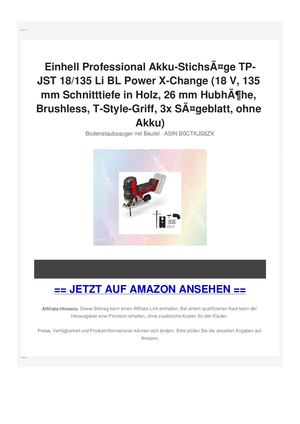 Einhell Professional Akku-StichsÃƒÂ¤ge TP-JST 18/135 Li BL Power X-Change (18 V, 135 mm Schnitttiefe in Holz, 26 mm HubhÃƒÂ¶he, Brushless, T-Style-Griff, 3x SÃƒÂ¤geblatt, ohne Akku)