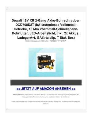 Dewalt 18V XR 2-Gang Akku-Bohrschrauber DCD708D2T (bÃƒÂ¼rstenloses Vollmetall-Getriebe, 13 Mm Vollmetall-Schnellspann-Bohrfutter, LED-Arbeitslicht, Inkl. 2x Akkus, LadegerÃƒÂ¤t, GÃƒÂ¼rtelclip, T Stak Box)
