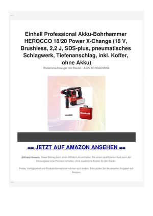 Einhell Professional Akku-Bohrhammer HEROCCO 18/20 Power X-Change (18 V, Brushless, 2,2 J, SDS-plus, pneumatisches Schlagwerk, Tiefenanschlag, inkl. Koffer, ohne Akku)
