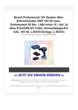 Bosch Professional 18V System Akku Bohrschrauber GSR 18V-55 (max. Drehmoment 55 Nm, 1.800 minÃ¢ÂÂ»Ã‚Â¹, inkl. 2x Akku ProCORE18V 4.0Ah, SchnellladegerÃƒÂ¤t GAL 18V-40, L-BOXX-Einlage, L-BOXX)