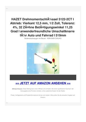 HAZET DrehmomentschlÃƒÂ¼ssel 5122-2CT I Abtrieb: Vierkant 12,5 mm, 1/2 Zoll, Toleranz: 4%, 32 ZÃƒÂ¤hne BetÃƒÂ¤tigungswinkel 11,25 Grad I anwenderfreundliche Umschaltknarre fÃƒÂ¼r Auto und Fahrrad I 519mm