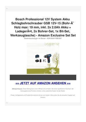 Bosch Professional 12V System Akku Schlagbohrschrauber GSB 12V-15 (Bohr-ÃƒÂ˜ Holz max: 19 mm, inkl. 2x 2.0Ah Akku + LadegerÃƒÂ¤t, 2x Bohrer-Set, 1x Bit-Set, Werkzeugtasche) - Amazon Exclusive Set Set