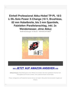 Einhell Professional Akku-Hobel TP-PL 18/3 Li BL-Solo Power X-Change (18 V, Brushless, 82 mm Hobelbreite, bis 3 mm Spantiefe, Falztiefen-/Parallelanschlag, inkl. 2x Wendemesser, ohne Akku)