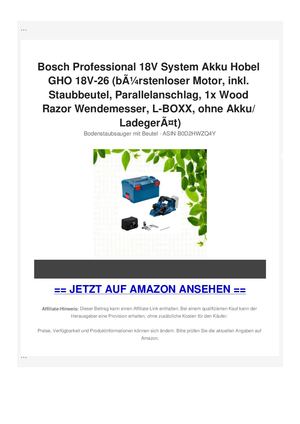 Bosch Professional 18V System Akku Hobel GHO 18V-26 (bÃƒÂ¼rstenloser Motor, inkl. Staubbeutel, Parallelanschlag, 1x Wood Razor Wendemesser, L-BOXX, ohne Akku/ LadegerÃƒÂ¤t)