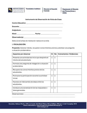 Instrumento De Observación De Visita De Clase Para Asesores Epja