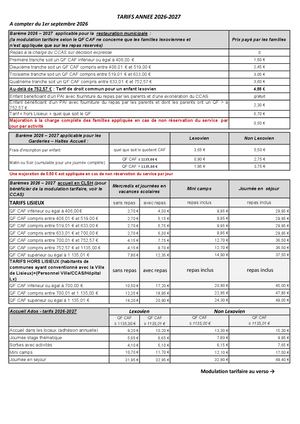 Tarifs 2026-2027