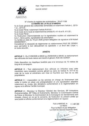 26 AT 1198 Réglemenation Du Stationnement - Rue De Cerisy Régl Du Stat Spectacle Du 21 09 Au 25 09 2026 - Publiée Le 10 08 2026