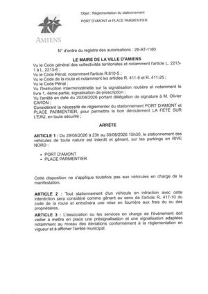 26 AT 1180 - Réglemenattion Du Stationnement -  Parmentier Règl Stat La Fête Sur L'Eau Du 29 AU 30 08 26- Publiée Le 10 08 2026