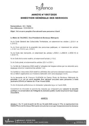 Arrete 1867 2026 Vol En Zone Peuplee Aeronef Du 11 Au 14 08 2026 Publié Le 10 08 2026