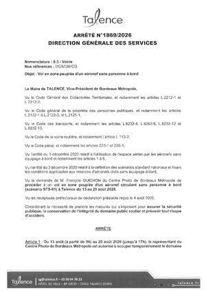 Arrete 1869 2026 Vol En Zone Peuplee Aeronef Du 13 Au 20 08 2026 Publié Le 10 08 2026