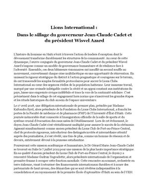 Lions International Dans Le Sillage Du Gouverneur Jean Claude Cadet Et Du Président Wisvel Azard