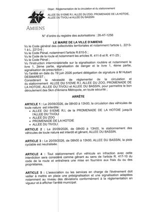26 AT 1256 Réglementation Du Stationnement Et De La Circulation Allée Du 51 émé R I. Et Autres  5 KM D'Amiens Métropole Le 20 09 2026 - Publiée Le 11 08 2026