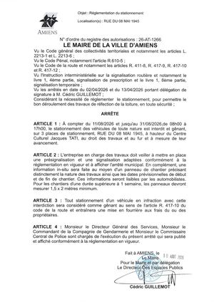 26 AT 1266 Réglementation Du Stationnement Rue Du 08 Mai 1945 Le 11 08 2026 Au 31 08 2026 - Publiée Le 11 08 2026