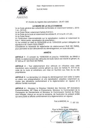 26 AT 1265 Réglementation  Du Stationnement Rue De Paris Du 15 08 2026 Au 19 08 2026  - Publiée Le 11 08 2026