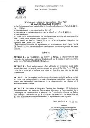 26 AT 1274 Réglementation Du Stationnement Rue Gauthier De Rumilly  Le 13 08 2026 - Publiée Le 11 08 2026