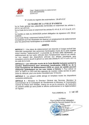 26 AP 0137 Réglementation  Du Stationnement Rue Sire Bernard - Stationnement PMR - Publiée Le 11 08 2026