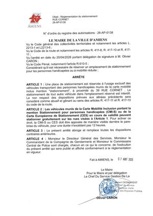 26 AP 0138 Réglementation Du Stationnement Rue Cornet - Stationnement Reservé - PMR- - Publiée Le 11 08 2026