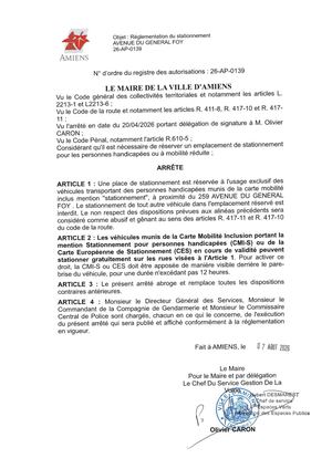 26 AP 0139 Réglementation  Du Stationnement Avenue Du General Foy - PMR - Stationnement   - Publiée Le 11 08 2026