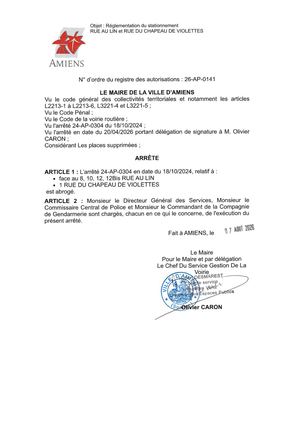26 AP 0141 Réglementation Du Stationnement Rue Au Lin Et Rue Du Chapeau De Violettes - Arretes 24 AP 0304 - Publiée Le 11 08 2026