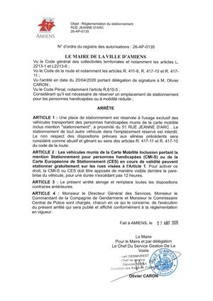 26 AP 0135 Réglementation  Du Stationnement Rue Jeanne D'arc - Stationnement Reservé PMR  - Publiée Le 11 08 2026